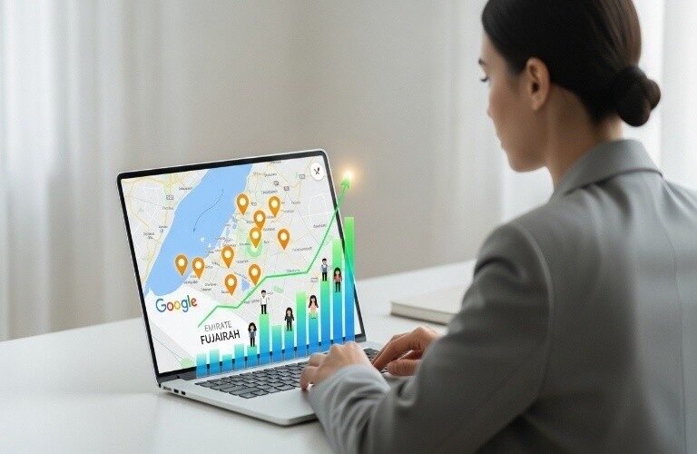 Businesswoman analyzing Google Maps on laptop to boost her business with Local SEO Services in Fujairah