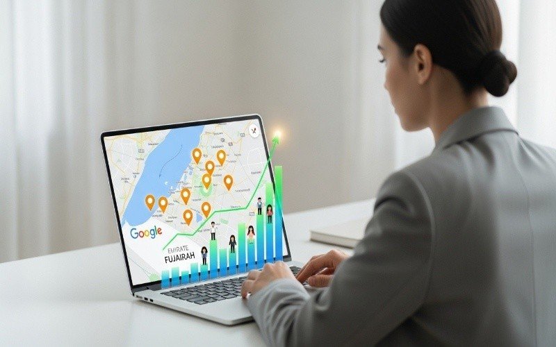 Businesswoman analyzing Google Maps on laptop to boost her business with Local SEO Services in Fujairah