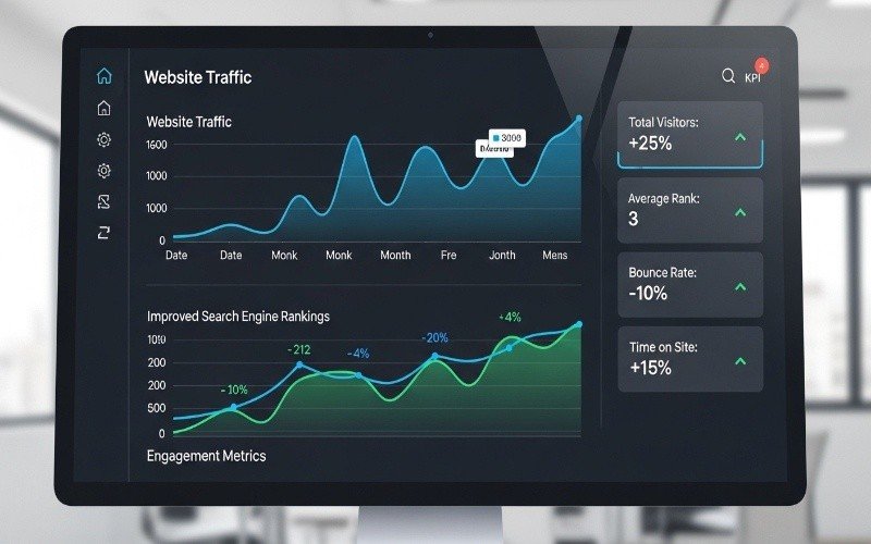 Dashboard displaying website traffic growth, search engine rankings, and engagement metrics illustrating results achieved through Expert On-Page SEO Services in Fujairah.