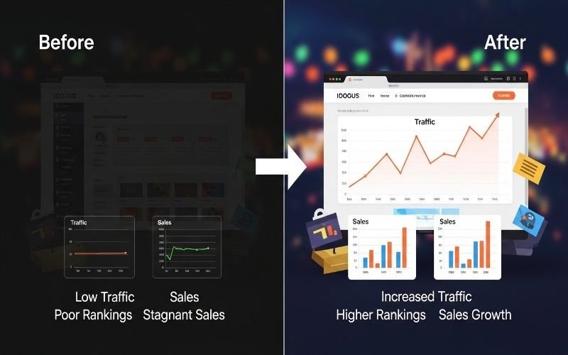 Before and after ecommerce performance comparison showing growth in traffic and sales with Affordable Ecommerce SEO in Fujairah.