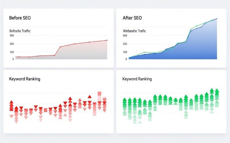 Before and after SEO comparison charts showing traffic growth and improved rankings with Off-Page SEO Services in Fujairah