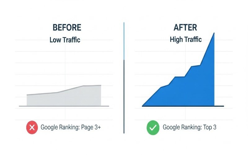 Trusted SEO Services in Umm Al Quwain showing before and after comparison of low traffic and high traffic with improved Google rankings