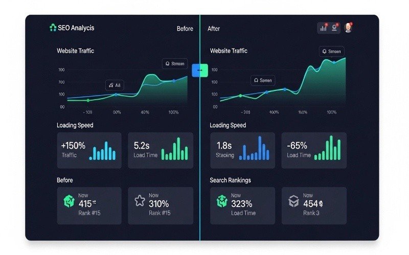 Expert Technical SEO Services in Fujairah showing before and after website performance, traffic growth, and speed optimization results