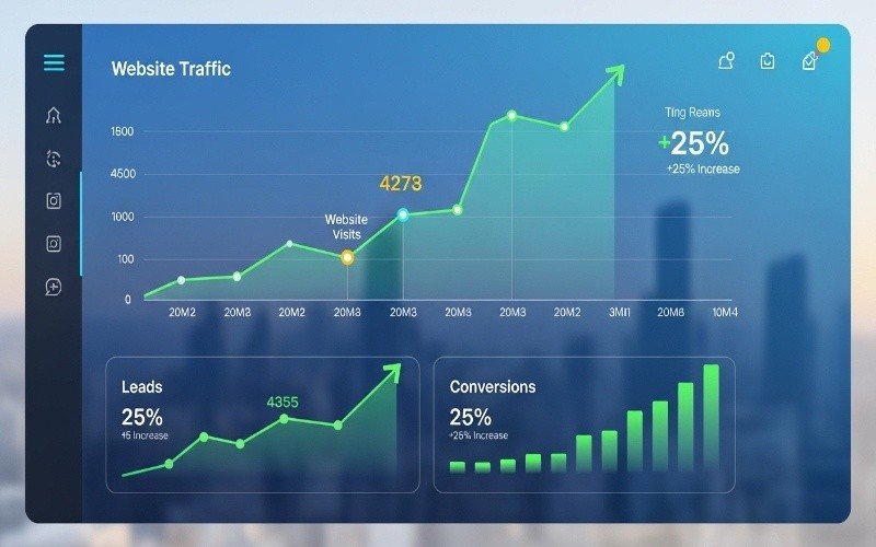 Analytics dashboard showing website traffic growth, leads, and conversions increasing steadily, representing the success of a Top SEO Consultant in Fujairah delivering measurable digital marketing results.