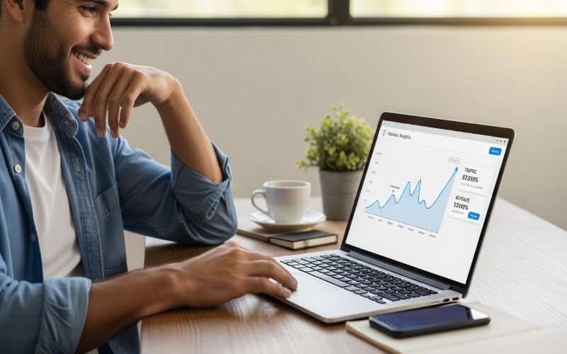 Man reviewing website analytics on laptop showing SEO Packages in Fujairah to Increase Sales and Website Traffic results