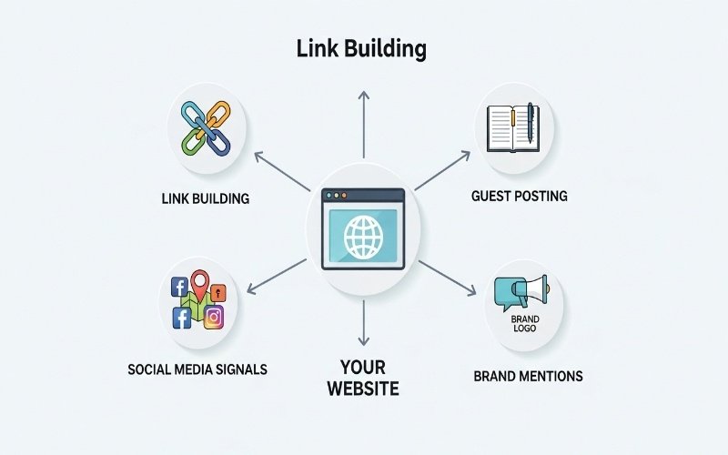 Illustration showing link building, guest posting, social media signals, and brand mentions connected to a website representing Off-Page SEO Services in Fujairah.