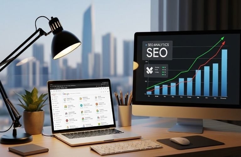 Expert Affordable SEO Services in Fujairah shown through a modern workspace with SEO analytics dashboard and rising traffic graph on screen