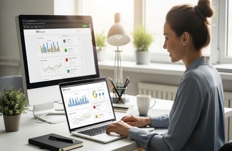 Digital marketing professional analyzing website performance metrics on desktop and laptop screens while providing Expert On-Page SEO Services in Fujairah.