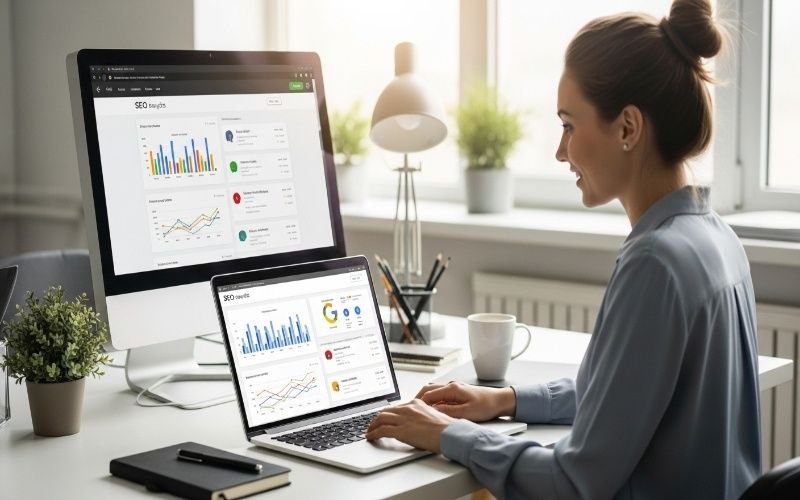 Digital marketing professional analyzing website performance metrics on desktop and laptop screens while providing Expert On-Page SEO Services in Fujairah.