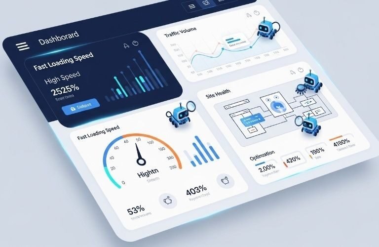 Expert Technical SEO Services in Fujairah dashboard showing website speed optimization, traffic analytics, and site health performance metrics