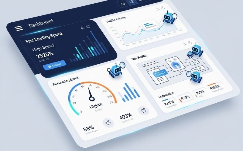 Expert Technical SEO Services in Fujairah dashboard showing website speed optimization, traffic analytics, and site health performance metrics