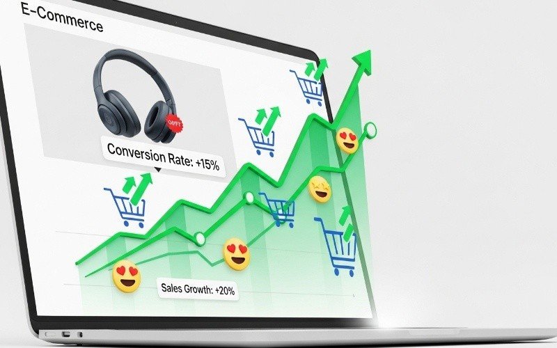 Ecommerce growth chart with rising sales and conversion rate, showing success through Affordable Ecommerce SEO in Fujairah.