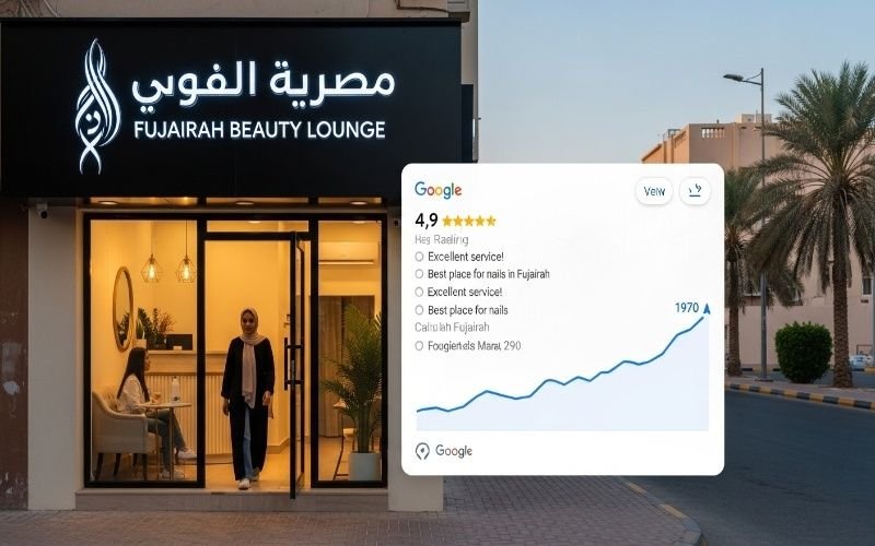 Fujairah Beauty Lounge storefront with Google rating overlay, showing how to Boost Your Business with Local SEO Services in Fujairah