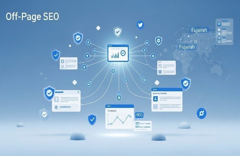 Off-Page SEO Services in Fujairah concept showing digital backlinks, business directories, and online authority building network