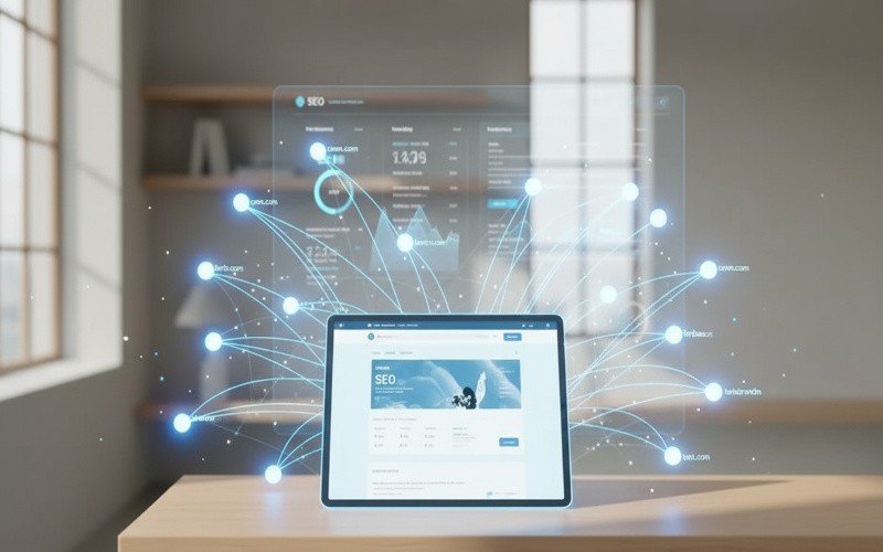 Tablet displaying analytics dashboard with digital connection network, representing Off-Page SEO Services in Fujairah