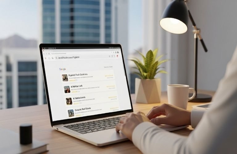 Person searching local businesses on laptop showing SEO Packages in Fujairah to Increase Sales and Website Traffic