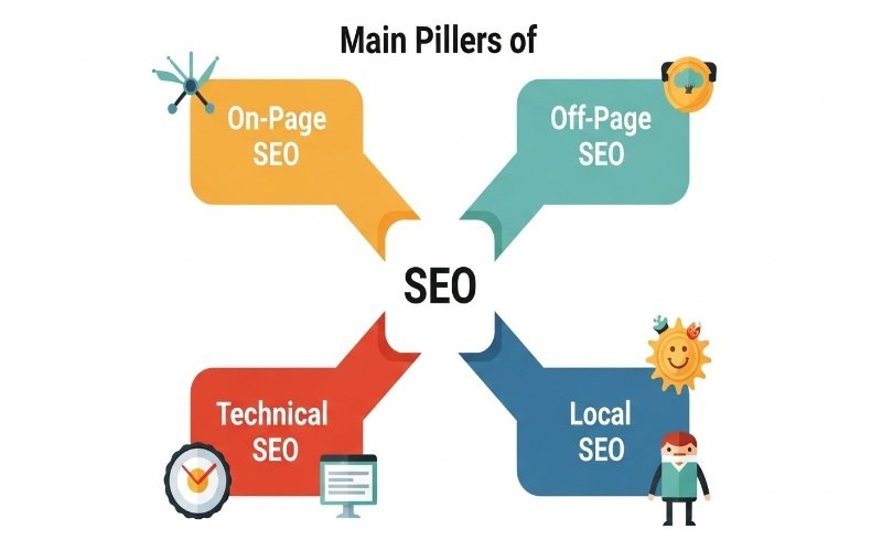 Top SEO Company in Fujairah infographic showing technical SEO and local SEO strategies