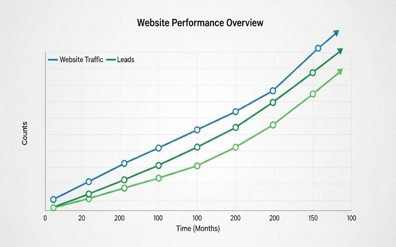 Website traffic and leads growth chart showing results of Affordable SEO Services in Umm Al Quwain