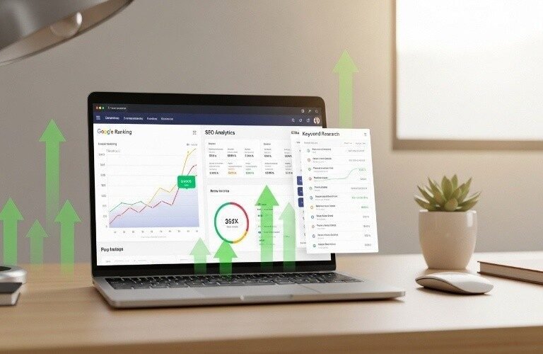 Top SEO Company in Fujairah showing website ranking growth and SEO analytics dashboard on laptop screen