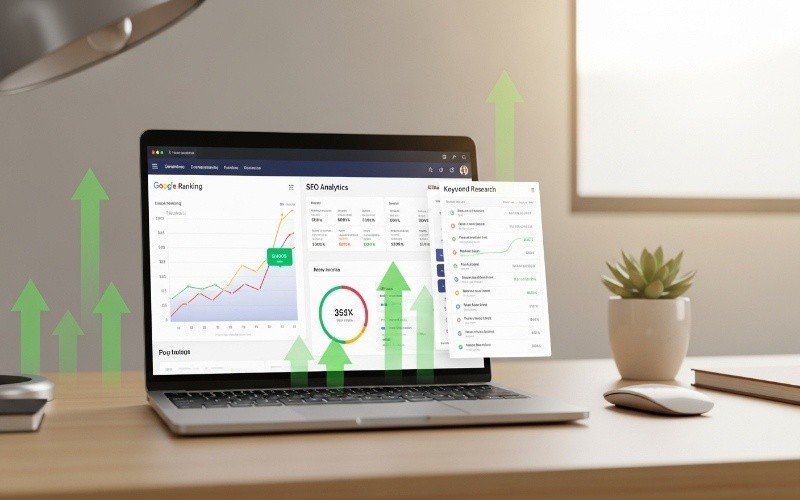 Top SEO Company in Fujairah showing website ranking growth and SEO analytics dashboard on laptop screen