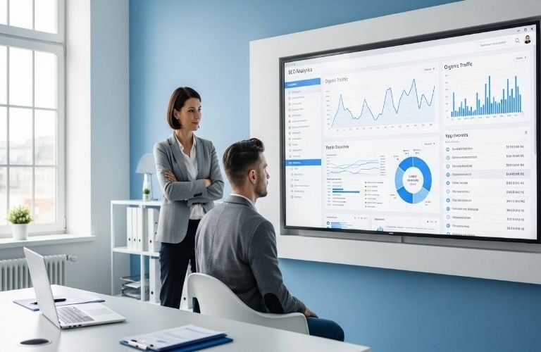 Top SEO Consultant in Fujairah analyzing website performance and SEO analytics with a client in a modern office