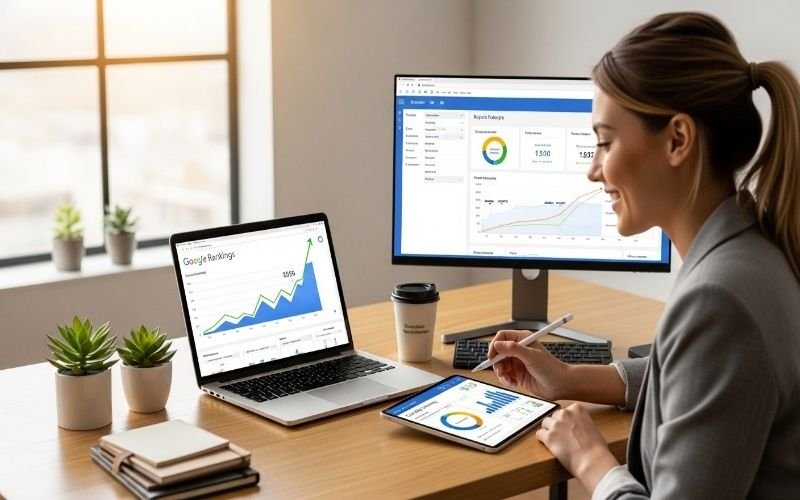 Trusted SEO Services in Umm Al Quwain showing a professional analyzing website traffic and Google ranking growth on laptop and tablet