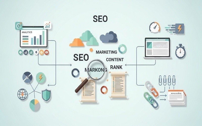 SEO analytics and marketing elements illustration showing SEO Packages in Fujairah to Increase Sales and Website Traffic