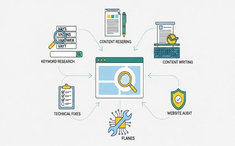 Illustration showing key elements of SEO strategy including keyword research, content writing, technical fixes, and website audit representing Expert On-Page SEO Services in Fujairah.