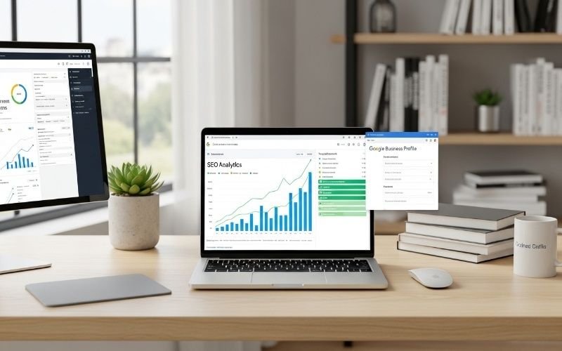  Modern workspace with laptop showing analytics dashboard, illustrating how to Boost Your Business with Local SEO Services in Fujairah