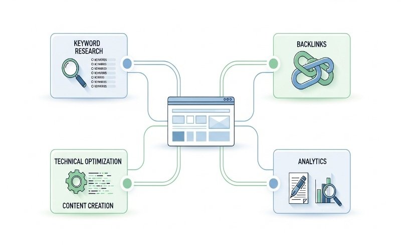 Best SEO Company in Umm Al Quwain showing keyword research, backlinks, technical optimization, and analytics connected to a website
