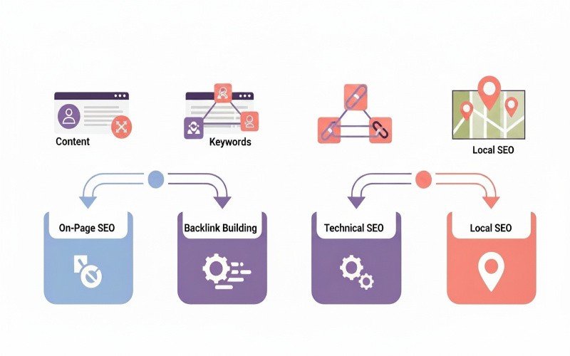 Trusted SEO Services in Umm Al Quwain infographic showing on-page SEO, backlink building, technical SEO, and local SEO process
