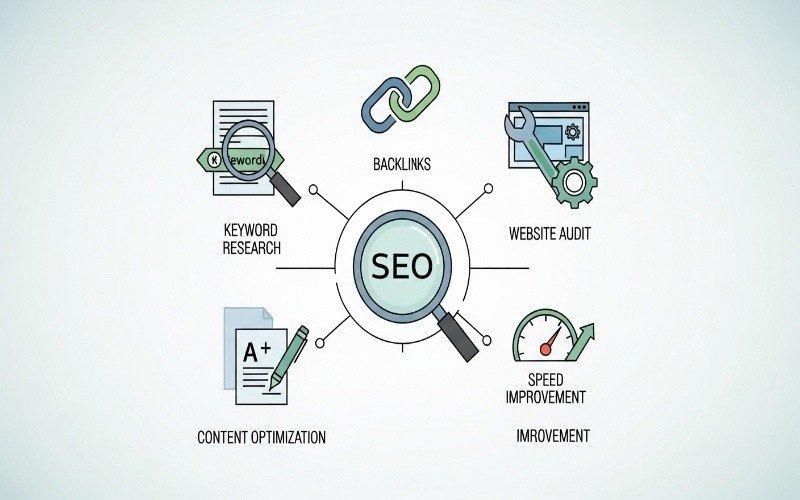 Top SEO Consultant in Fujairah showing SEO strategy elements like keyword research, backlinks, website audit, content optimization, and speed improvement around a central SEO concept.