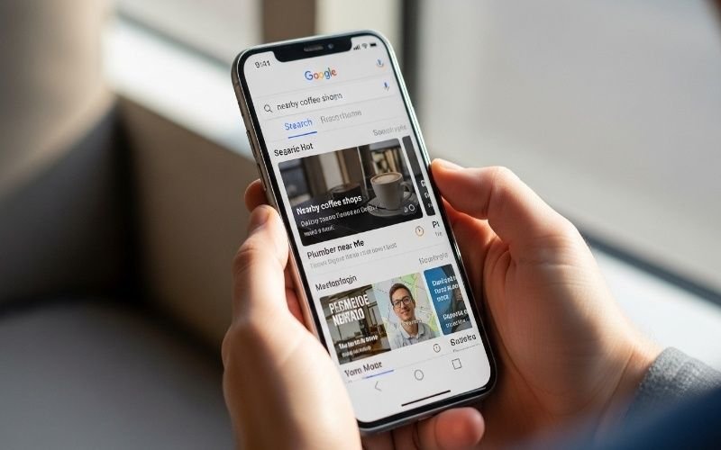 Person searching local services on smartphone showing results related to Affordable SEO Services in Umm Al Quwain