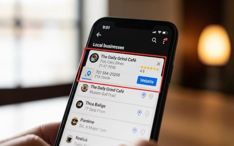 Mobile screen showing local business listings and ratings, highlighting how SEO Packages in Fujairah to Increase Sales and Website Traffic help businesses rank higher on search results.