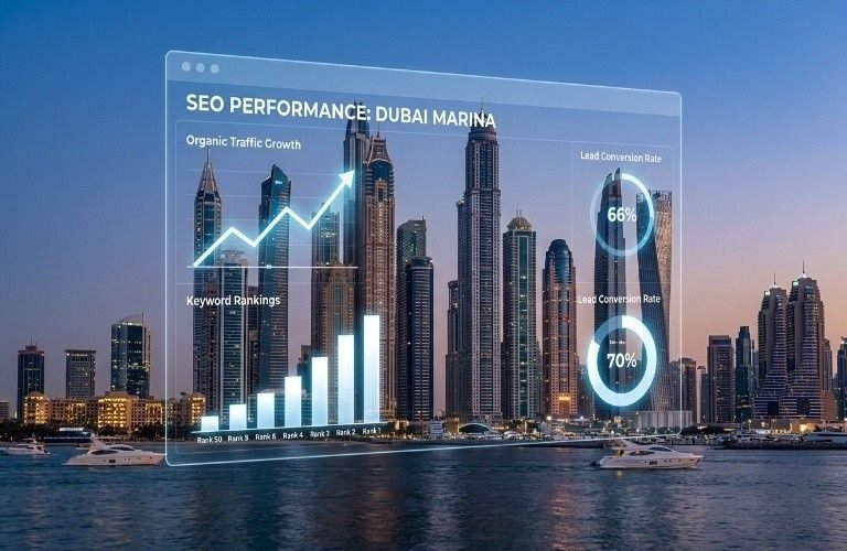 Dubai Marina skyline with a semi-transparent SEO performance dashboard overlay showing organic traffic growth, keyword rankings, and conversion rates, representing insights from the Best SEO Company in Dubai Marina.