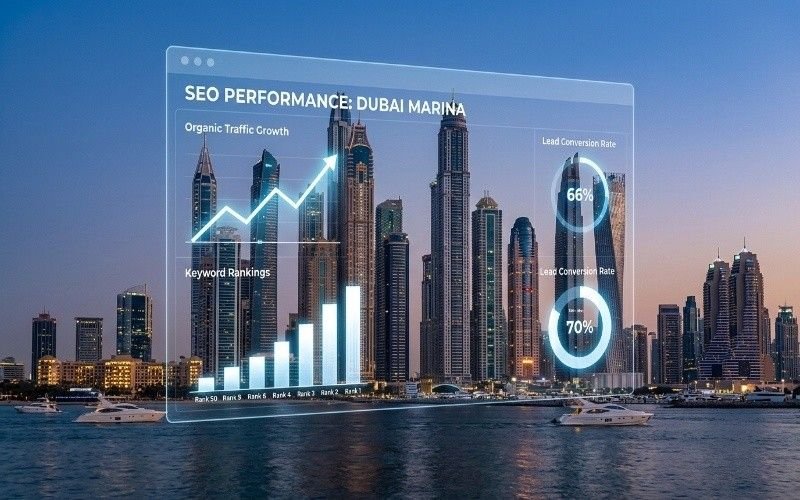 Dubai Marina skyline with a semi-transparent SEO performance dashboard overlay showing organic traffic growth, keyword rankings, and conversion rates, representing insights from the Best SEO Company in Dubai Marina.