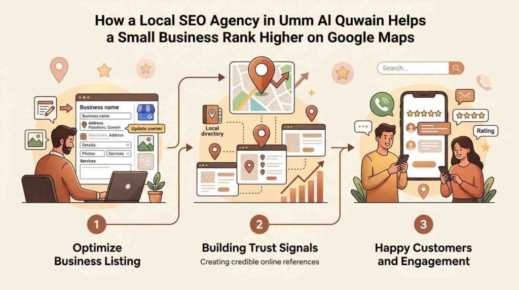 How a Local SEO agency in Umm Al Quwain helps small businesses rank higher on Google Maps through business listing optimization, trust signals, and customer engagement.