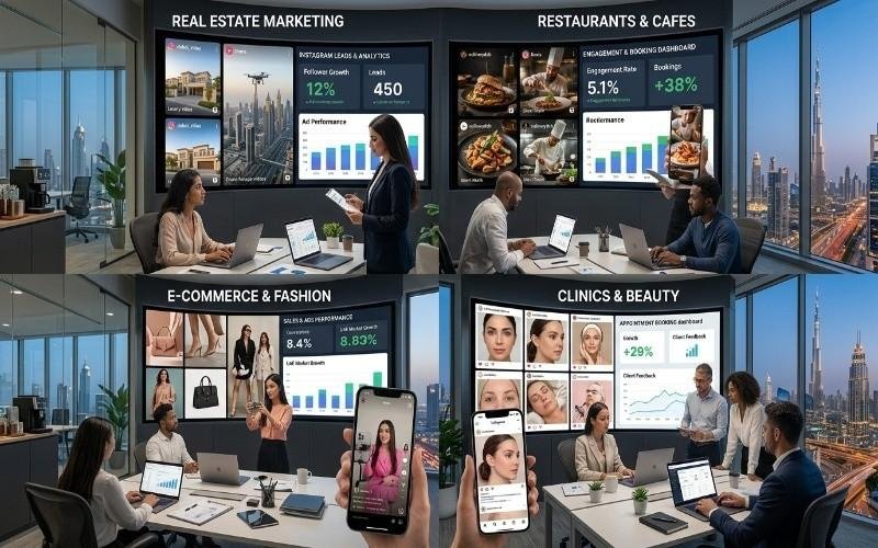 Modern Dubai office showing a digital marketing team analyzing industry-specific dashboards for real estate, restaurants, e-commerce, fashion, clinics, and beauty brands, highlighting Instagram marketing Dubai strategies with performance analytics, engagement graphs, and social media campaign results.