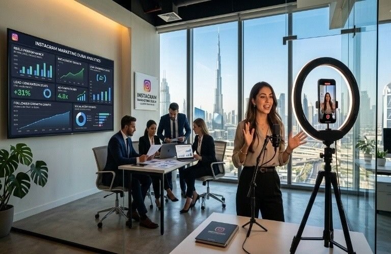 Modern Dubai office scene showing a team working on Instagram marketing strategy, with analytics dashboard on screen, a female presenter recording content on a smartphone, and a professional setup highlighting Instagram marketing Dubai services for business growth.