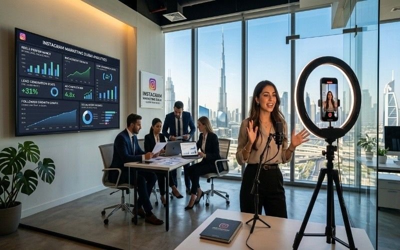 Modern Dubai office scene showing a team working on Instagram marketing strategy, with analytics dashboard on screen, a female presenter recording content on a smartphone, and a professional setup highlighting Instagram marketing Dubai services for business growth.