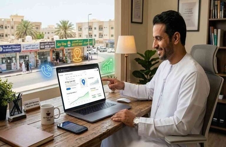 Local business owner in Umm Al Quwain working on laptop showing Google Maps SEO dashboard, optimizing business listing for “how to rank on Google Maps UAE” and improving “near me search optimization UAE” from office setup.