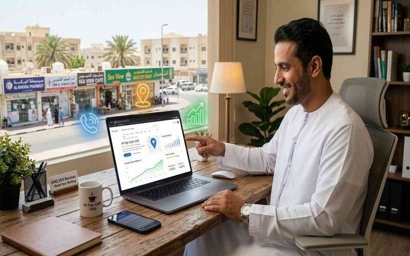 Local business owner in Umm Al Quwain working on laptop showing Google Maps SEO dashboard, optimizing business listing for “how to rank on Google Maps UAE” and improving “near me search optimization UAE” from office setup.