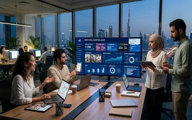 Modern Dubai office meeting of a social media management Dubai team analyzing digital marketing dashboards on a large screen showing growth analytics, engagement metrics, and campaign performance.