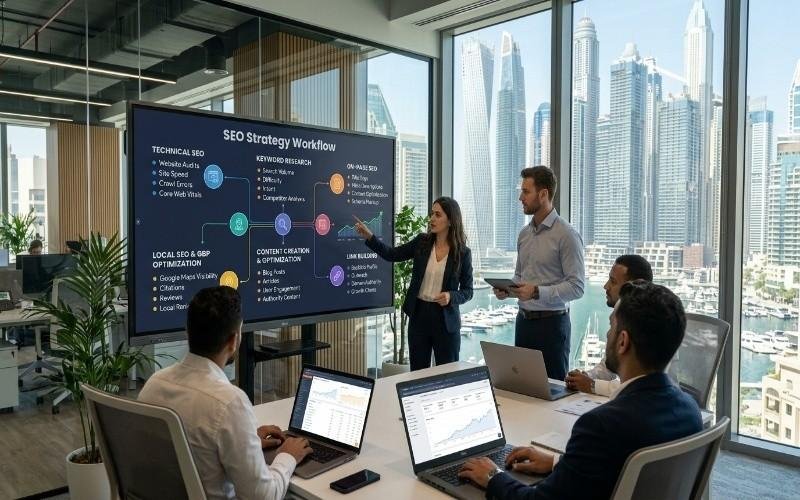 Business team presenting SEO strategy workflow on a digital screen in a modern office with Dubai Marina skyline view, showcasing services of the Best SEO Company in Dubai Marina.