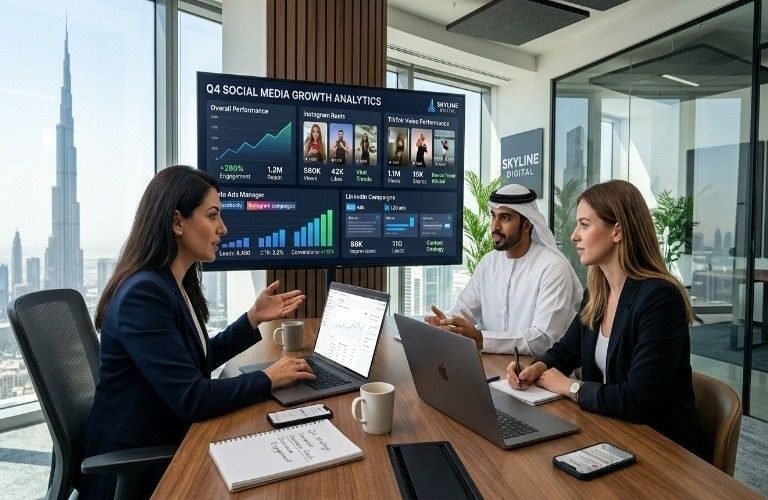 SMM services in Dubai office scene showing social media marketing dashboards, Instagram reels, TikTok campaigns, Facebook ads, and LinkedIn business growth analytics.