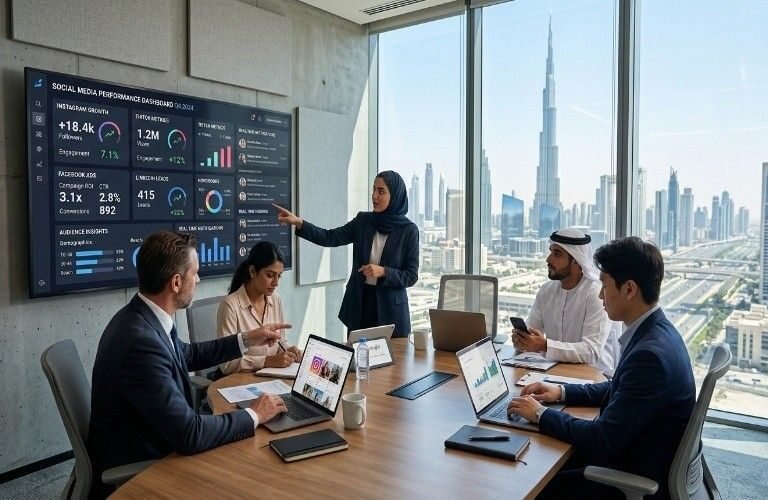 Professional team meeting in a modern Dubai office discussing Social media management Dubai strategies with analytics dashboard, social media growth reports, and Burj Khalifa skyline view in the background.
