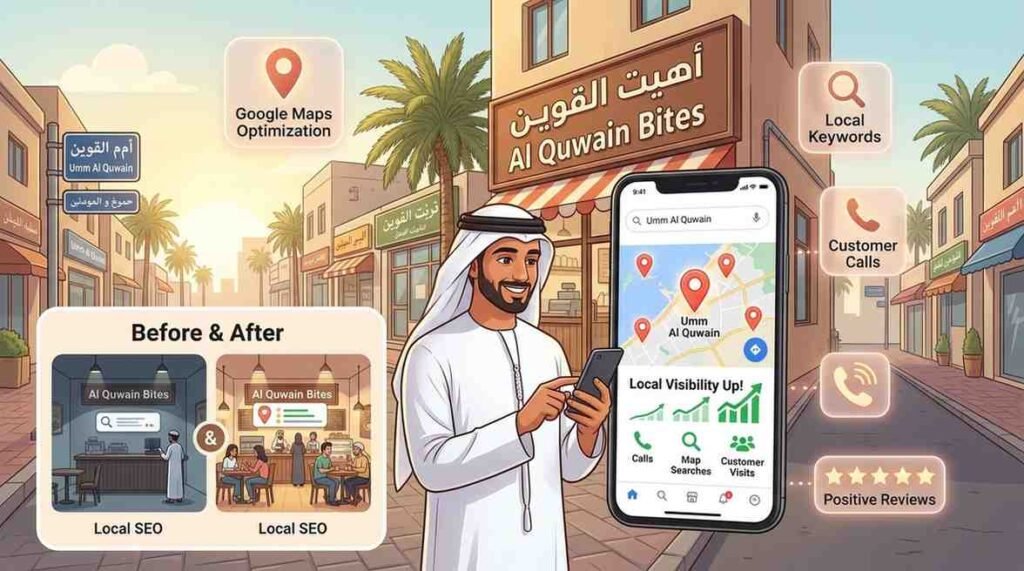 Illustration showing a business owner in Umm Al Quwain using a smartphone for Google Maps optimization and Local SEO, highlighting increased visibility, customer calls, local keywords, and positive reviews for a restaurant.