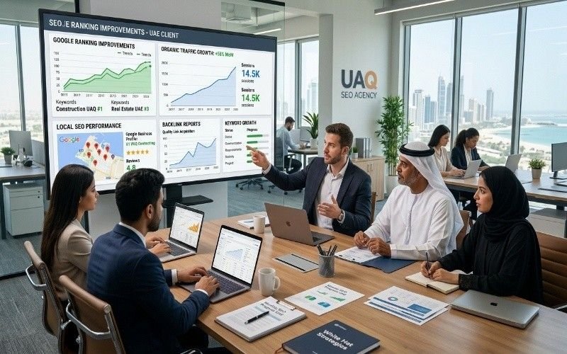 Professional SEO specialists in Umm Al Quwain reviewing SEO reports, backlink growth, and Google ranking dashboards in a modern UAE office.