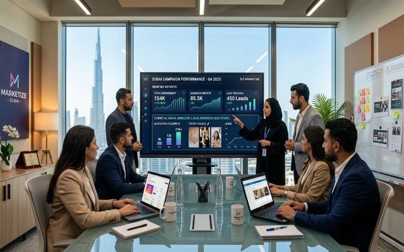 Best SMM agency in Dubai team discussing social media reports, campaign tracking, and creative marketing strategies for business growth in the UAE.