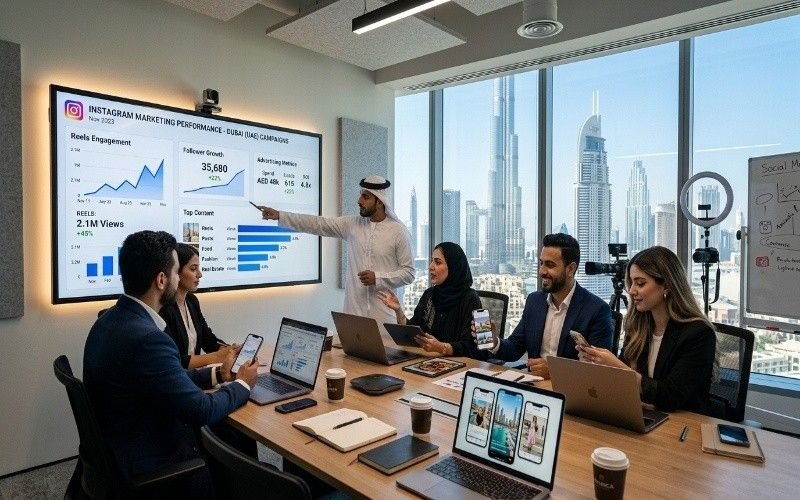 A professional social media marketing team is having a meeting in a modern Dubai office. A large screen displays Instagram analytics, campaign performance, engagement graphs, and follower growth, representing effective Instagram marketing Dubai strategies for business growth.